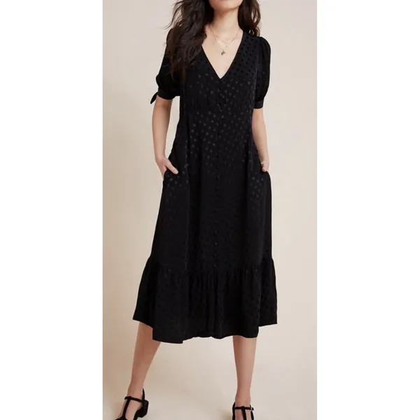 Anthropologie Maeve‎ Eudora Midi Dress in Black Swiss Dot Print Size 12 Sheer - Image 2