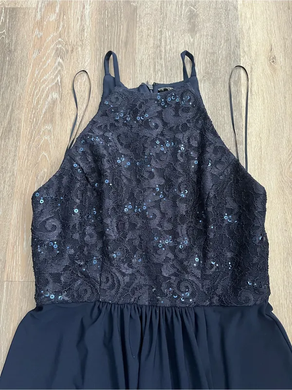 Morgan & Co Navy Lace Sequin Halter Maxi Gown Prom Evening Formal Dress Junior 7 - Image 6