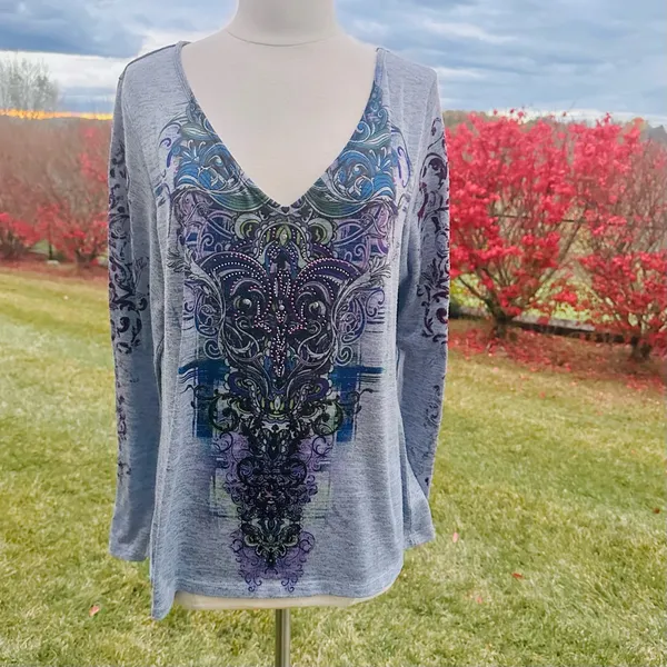 Live & Let Live Blue & Purple Printed Embellished Long Sleeve Top Women's - Image 4