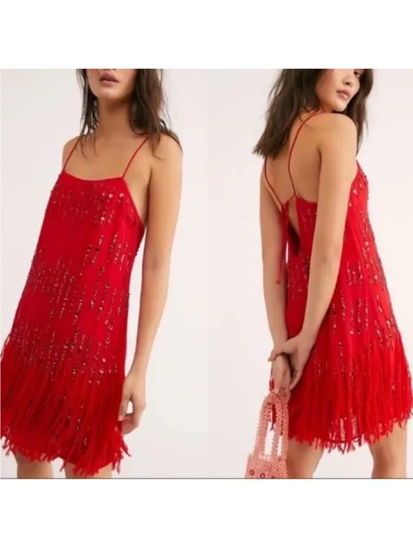 Free People Red Crystal Clear Fringe Retro Flapper Round Neck Thin Strap Dress S - Image 2