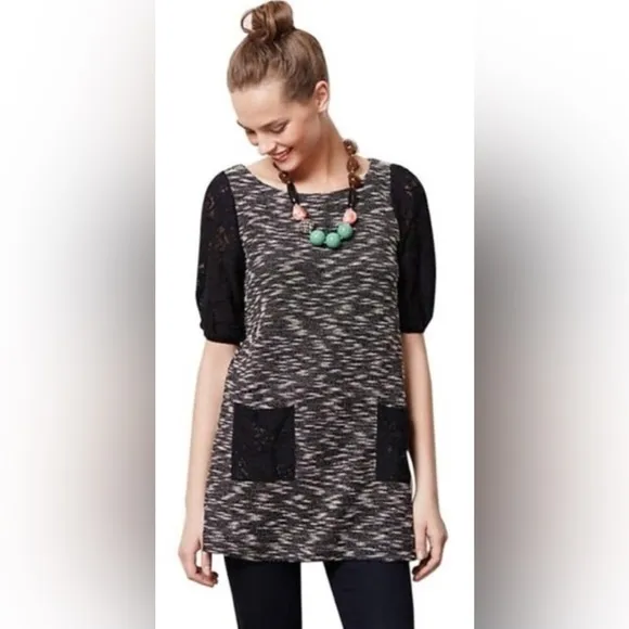 Anthropologie Postmark Black White Textured Tweed Knit Tunic Dress Lace‎ Size S - Image 3