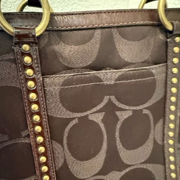 COACH Gallery Metallic Dark Chocolate Bronze Jacquard Signature Studded Tote - Image 4