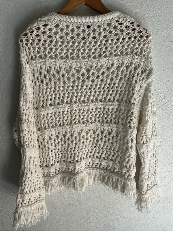 ZARA Cream Crochet Open Knit Fringe Hoodie Sweater Granola Gritty Boho Medium - Image 4