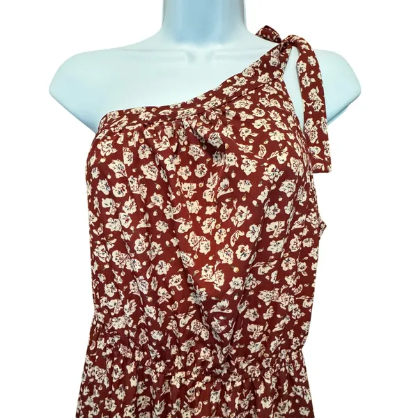 One Shoulder Floral Tiered Maxi Dress M Burgundy Coastal‎ Summer Wedding Garden - Image 2