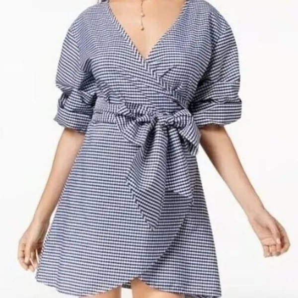 The Edit by Seventeen Juniors M Blue White Gingham Wrap Dress Puff Sleeve NWT - Image 2