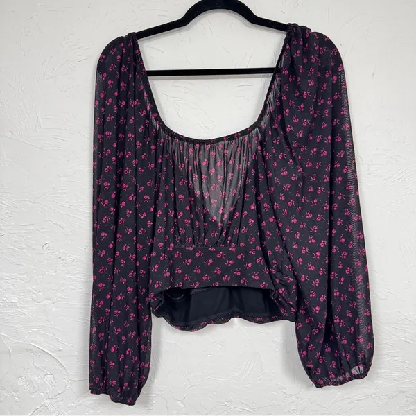 Free People Black Purple Floral Twist Front Blouse Womens M Boho Sheer Sleeve - Image 4