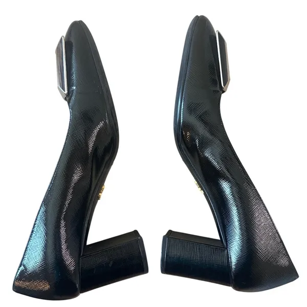 Prada Saffiano Vernice Square Toe Buckle Block Heel Pumps Black EU 38 US 8 - Image 7
