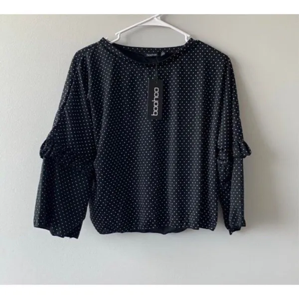 Boohoo NWT Women Large Size 12 Black White Polka Dot Ruffle Blouse Office Chic - Image 2