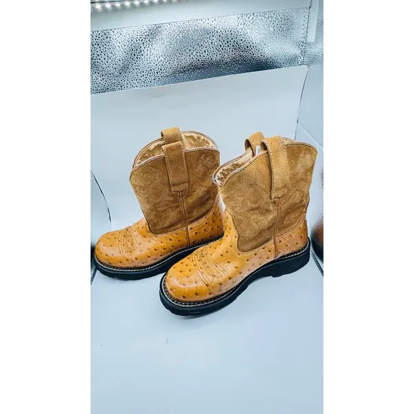 Ariat Fat Baby Tan Ostrich quill pebbled leather Cowgirl round toe boots W sz6 - Image 5