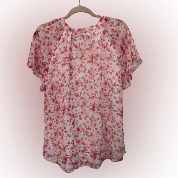 Pink Floral Short Sleeved V Neck Blouse Size L - Image 2