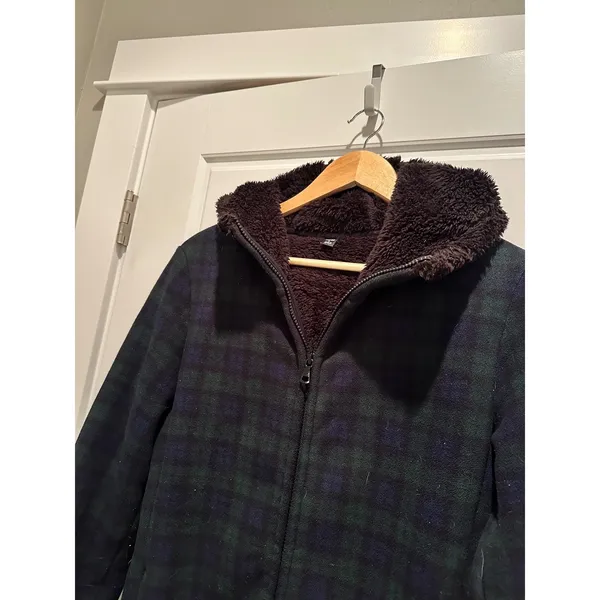 Uniqlo‎ Blackwatch Plaid Lined Fleece Hooded Coat Green Navy Blue Small Jacket - Image 2