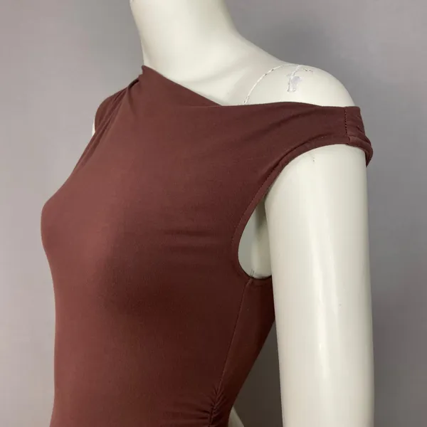 Zesica Dress Off One Shoulder Dropped Waist Brown Clingy Fitted Small Sleeveless - Image 15