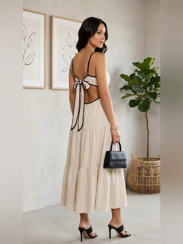 Blu Pepper Hazel Khaki Midi Dress NWT Boho Tiered Open Back Tie Cream Large - Image 3