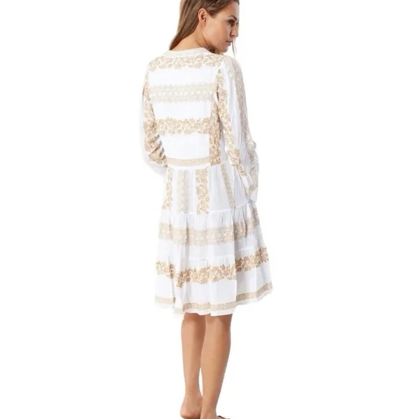 Hale Bob White Gold Embroidered Boho V Neck Tiered Gauze Taliah Dress MEDIUM - Image 4