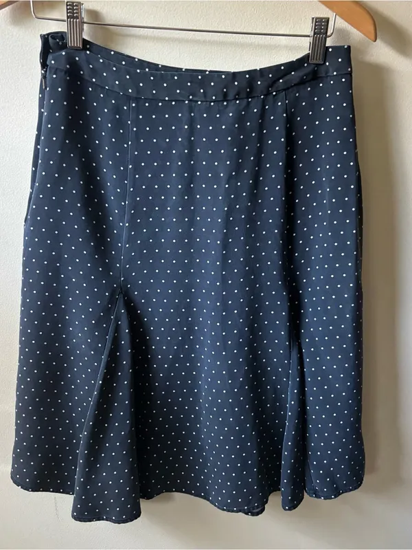 100% Silk Polka Dot Navy Midi Skirt Blue Size M - Image 6