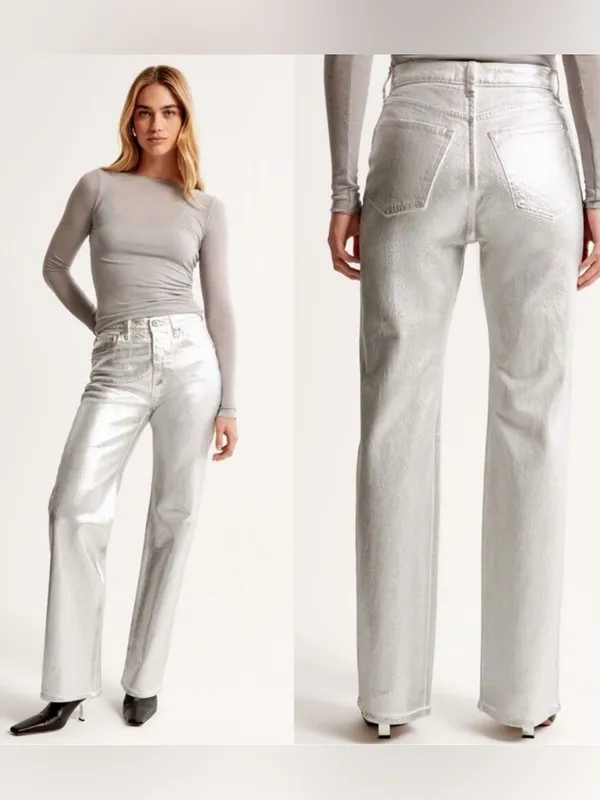 Abercrombie & Fitch Curve Love Vegan Leather 90s Straight Pant Metallic Silver 6 - Image 2