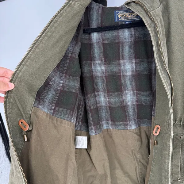 Pendleton Hooded Jacket Womens M Green Cotton Workwear Plaid Lined Full Zip - Image 12
