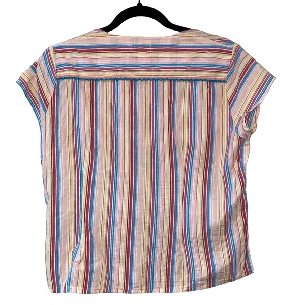 Oorez Multicolor Stripe Button Front Boho Top Smocked‎ Waist Blouse - Image 6