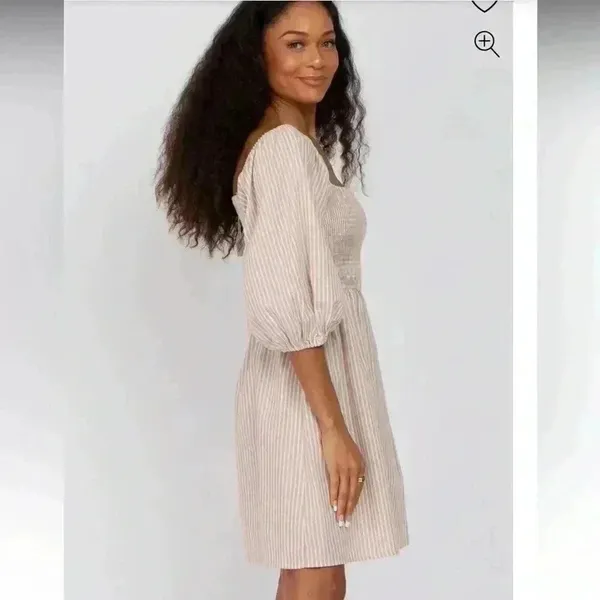 BIBI | Woman's NWT Taupe Tan White Striped Smocked Puff‎ Sleeve Dress, Size XL - Image 2