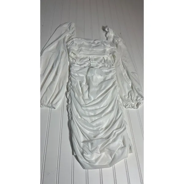 Hello Molly Long Flight Dress White Ruched Mesh Cutout Mini Long Sleeve US 4 S - Image 3