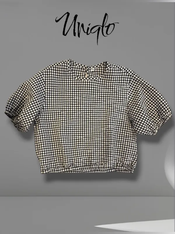 Uniqlo Black White Gingham Checkered Puff Short Sleeve Blouse Top Sz S - Image 7