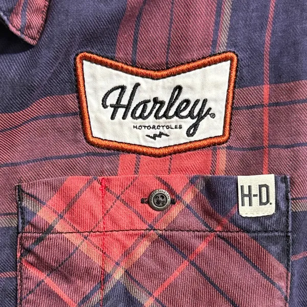 Harley‎ Davidson Plaid Long Sleeve Logo Patch Shirt Biker Grunge Indie Sleaze - Image 5