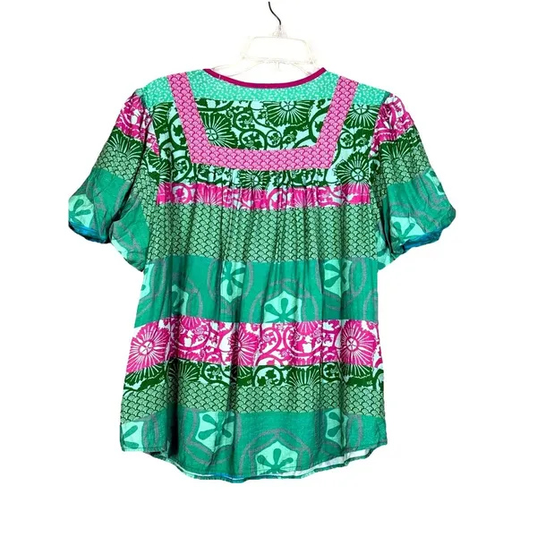 Jodifl Boho Flutter Sleeve Mixed Print Peplum Top Green Pink Medium coastal - Image 2