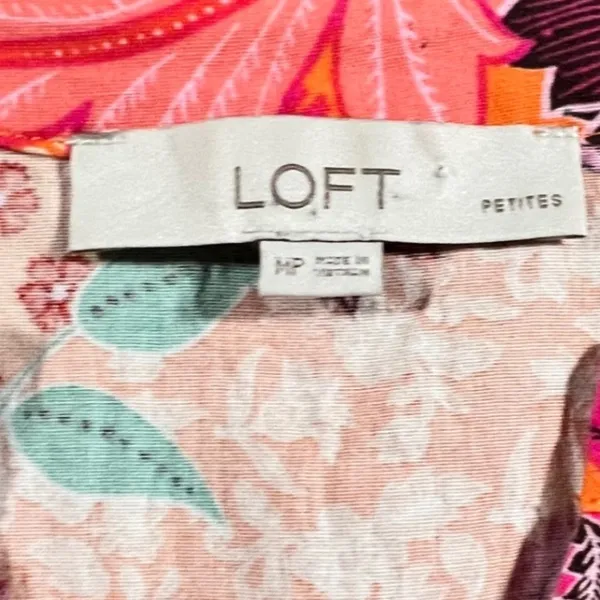 LOFT Floral Mini Dress Womens MP Pink Orange Patchwork Smocked V-Neck Tropical - Image 4