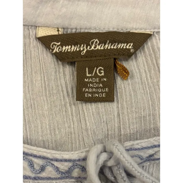 Tommy Bahama Tunic Top Size L Blue Embroidered Boho Gauze Peasant Blouse - Image 2