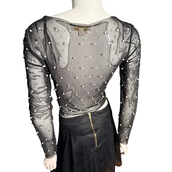 Thirty/Thirty LA Womens Black Sheer Mesh Pearl Embellished Crop Top Large - Image 5
