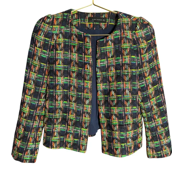 ZARA WOMAN Multicolor Plaid Tweed‎ Collarless Blazer Jacket Shoulder M - Image 3