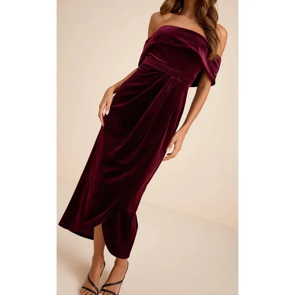 NEW Lulus I'm Enchanted Burgundy Velvet Off-the-Shoulder Tulip Dress Medium - Image 4