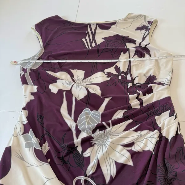 Ralph Lauren Purple Ivory Floral‎ Ruched Stretch Sleeveless Sheath Dress Size 18 - Image 6