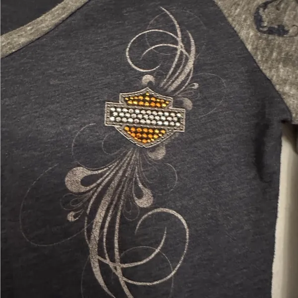 Harley-Davidson Rhinestone Logo Raglan Top Small Gray Blue Biker Tee - Image 9