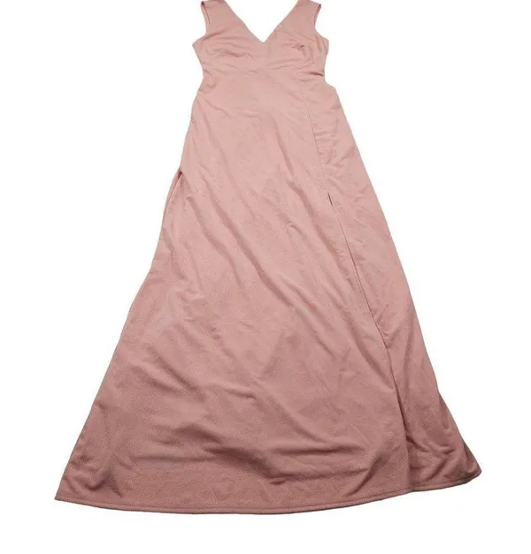 READ Birdy Grey Shamin V-Neck Crepe Bridesmaid Dress Pink Rose Quartz Large Slit - Image 3