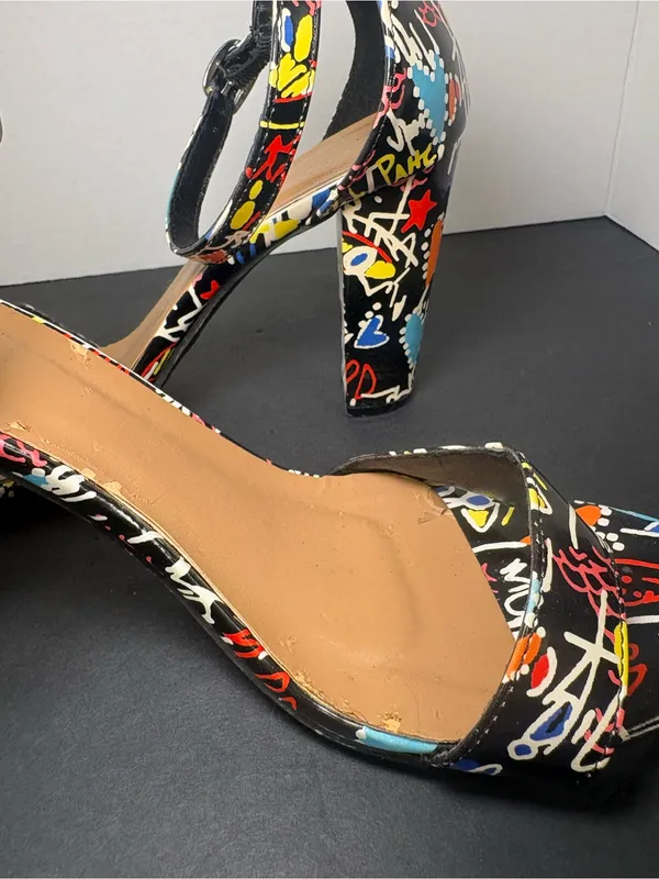 Block Heels BAMBOO Black Multi-Color Graffiti Ankle Strap Sandals - Image 7