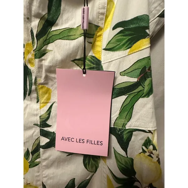 NWT Avec Les Filles Lemon Print Pockets Cotton-Blend Sweetheart Midi Dress SZ 4 - Image 2