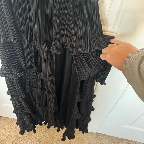 Lulus Beauty Icon Black Satin Pleated Tiered Lace-Up Maxi Dress - Image 4