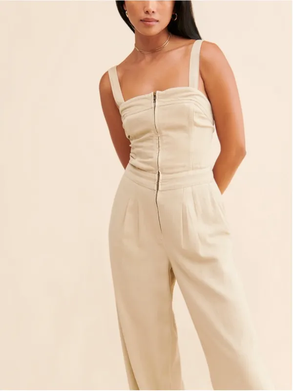 Free People Call On Me Tan Linen Blend Zip Front Wide Leg Jumpsuit Size XL - Image 4