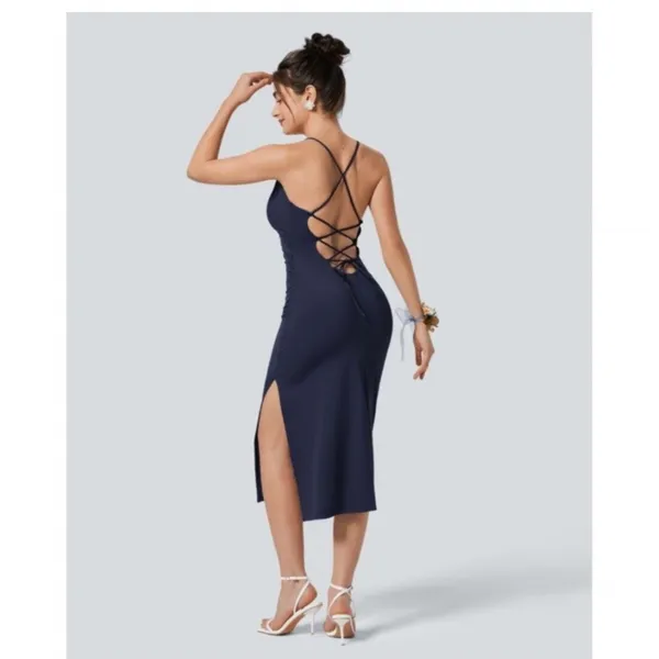 Halara Navy Blue Softlyzero Airy Ruched Side Slit Evening Midi Dress New Size XS - Image 2
