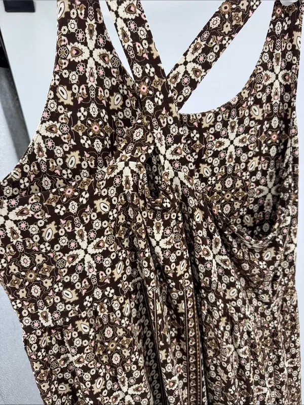 J. Jill Brown Cream Floral-Print Maxi Dress cross back casual boho layering L - Image 5