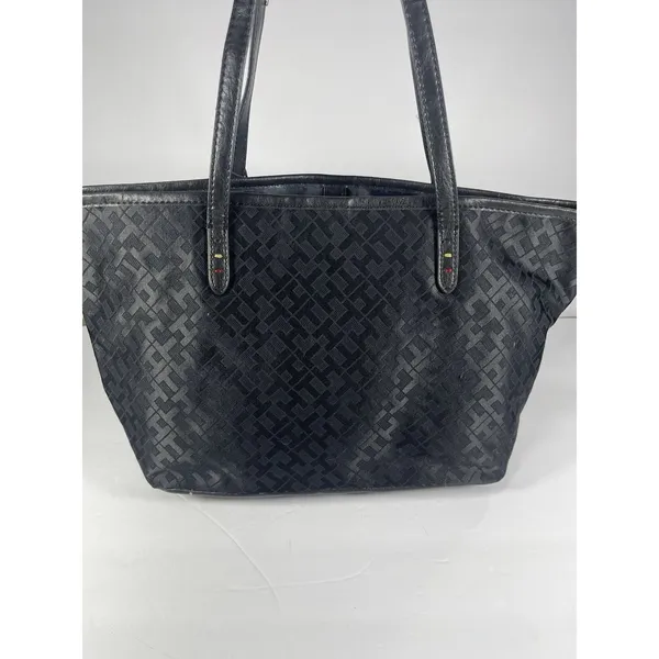 Tommy Hilfiger Black Logo Tote Bag Gold Hardware Bag Charm Zipper Accents - Image 4