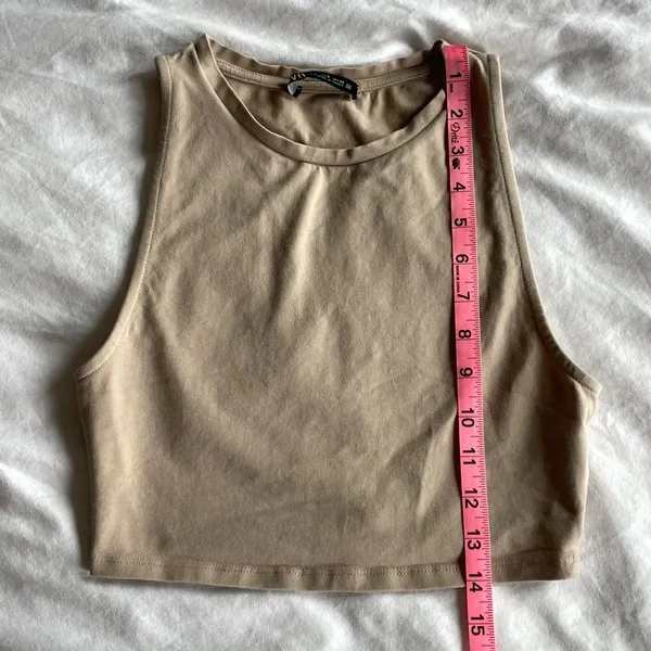 ZARA Beige Crop Tank Top Size S Sleeveless Stretch Cotton Nude Minimalist - Image 7