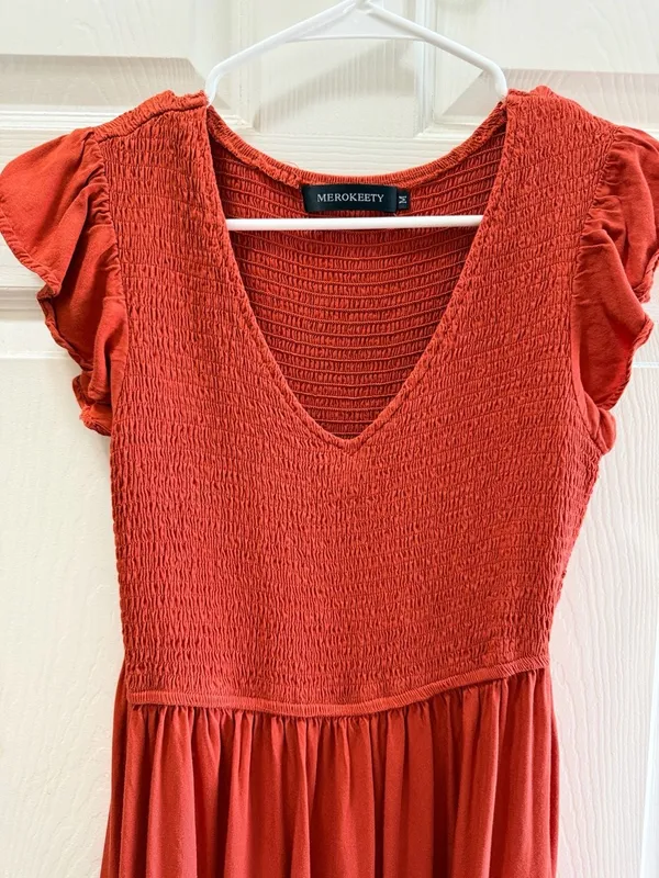 MEROKEETY Tiered Maxi Dress Size M Rust Orange Smocked Bodice - Image 3
