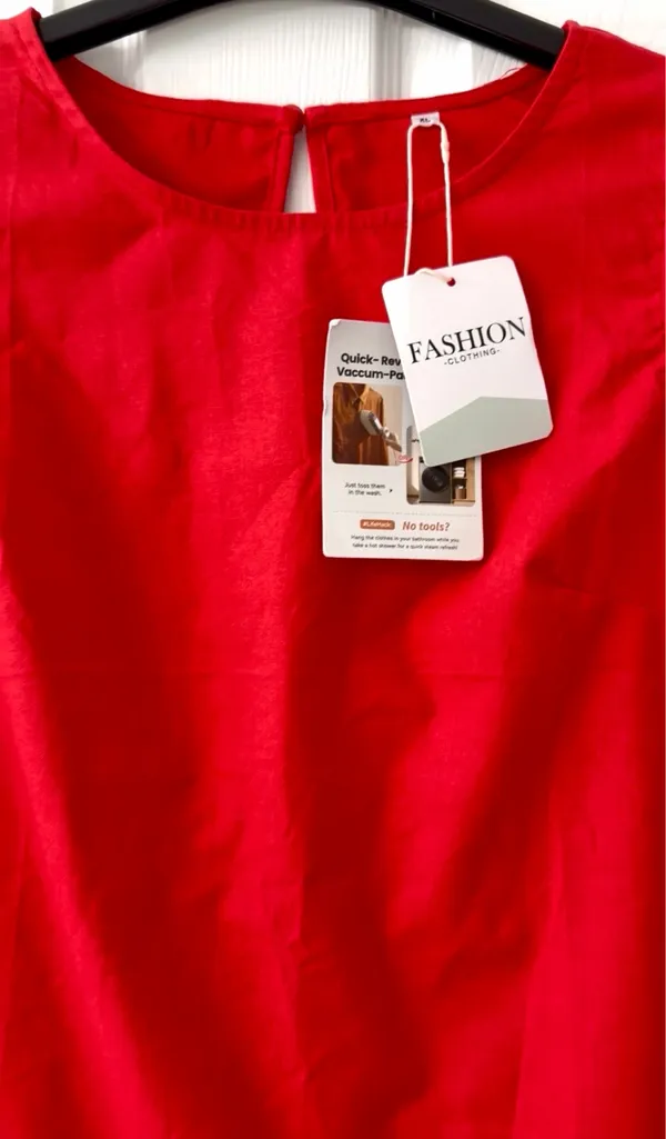 Fashion~ Sleeveless Red A-Line Dress with Pocket and Geometric Hem XL - Image 3