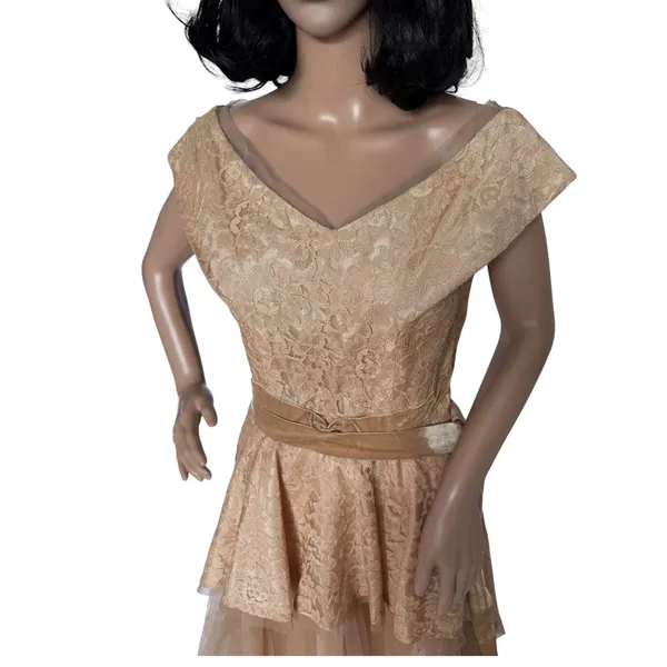 Vintage 1950s 1960s Handmade Champagne Lace Tulle Party Dress XS - Image 4