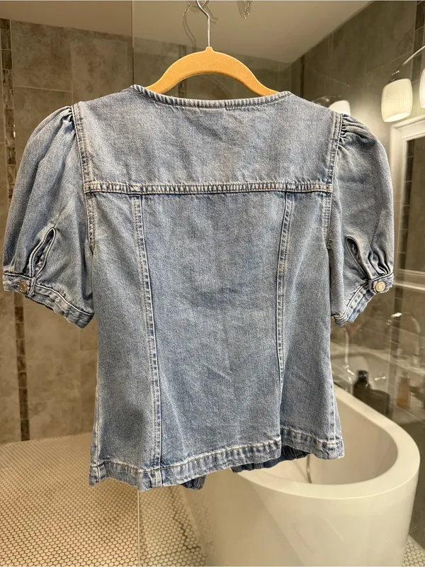 GAP Light Blue Denim Puff Sleeve Button-Front Top - xs - Image 5