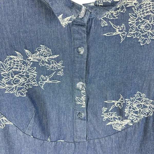 Nina Leonard Floral Embroidered Cuffed‎ Sleeve Half Button Up Cotton Dress Sz 14 - Image 3