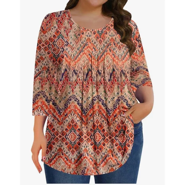 Womens Orange Ikat Geometric Print Tunic‎ Top 3/4 Sleeve Scoop Neck Boho Medium - Image 2
