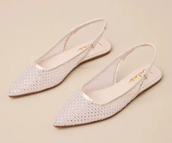 NIB Lulus Olwen Vanilla Mesh Rhinestone Pointed-Toe Slingback Flats - Image 4